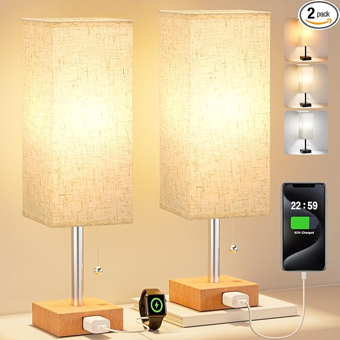 Table Lamp for Bedroom Set of 2 Nightstand - 3 Color Bedside Lamps with AC Outlets for Charging, Square Wooden Night Stand Light Lamp for Living Room, Office Desk