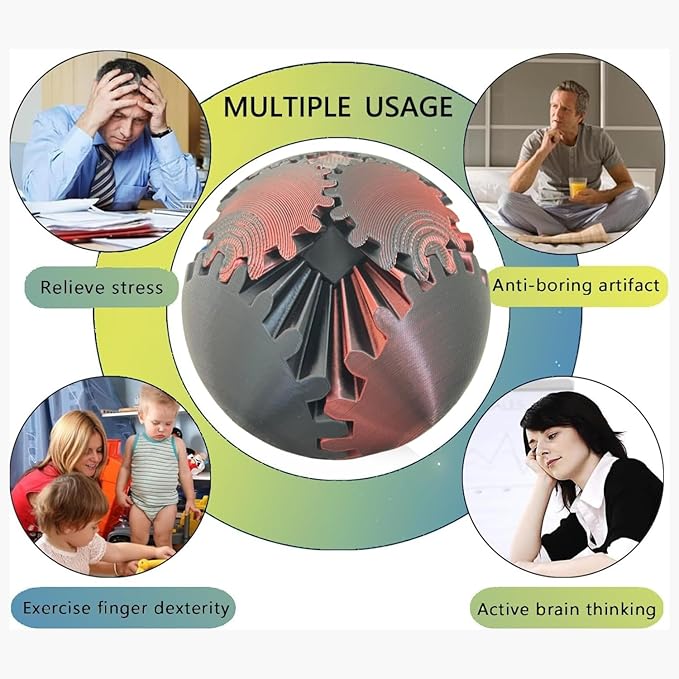 ULTHOOL Gear Ball, 3D Printed Gear Ball Spin Ball Cube Fidget Toy, Gear Sphere, Gear Ball Fidget Toy, Stress Ball, GearSphere Desk Toy, Fidget Ball, Gear Toy for Anxiety Relaxing (Laser Dark Red)