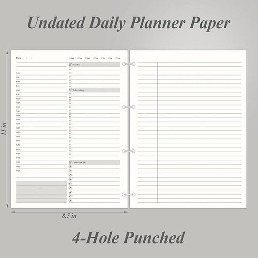 EMSHOI Daily Planner Refill 8.5" X 11", 80 Sheets, 160 Pages A4 4-Ring Binder Planner Inserts, Thick Cream Color Refill Paper, 100 GSM Loose Leaf, A4 Paper Refills with Gift Box
