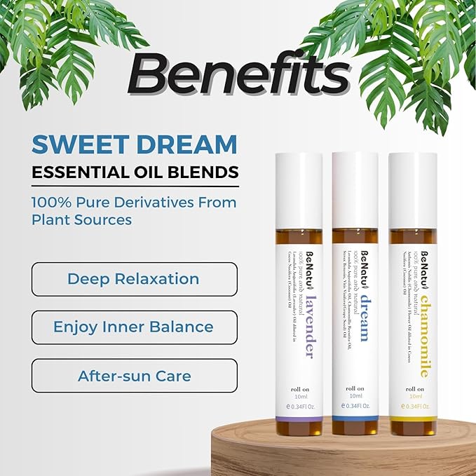 Benatu Essential Oil Roll On Set (Dream, Lavender, Chamomile), Aromatherapy Roller for Massage, Body Skin Care, Home - Natural Fragrance Gift for Women and Men