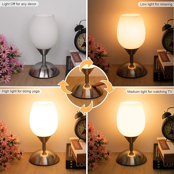 Small Touch Lamp for Bedroom Nightstand, 3-Way Dimmable Bedside Lamps Opal Glass Desk Lamp Silver Base, Tiny Table Lamp for Small Spaces Ambient Lighting for Living Room, E12 Bulb Included