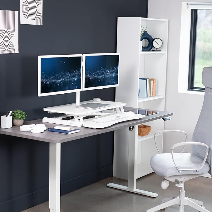 VIVO Height Adjustable 32 inch Standing Desk Converter with Dual 13 to 30 inch Monitor Stand, Sit Stand Monitor Mount and Desk Riser, White, DESK-V000K-M2W