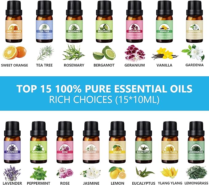 SACATR 550ml Aromatherapy Diffuser with 15x10mL Essential Oils, Ultrasonic Technology, Remote Control for Home Office