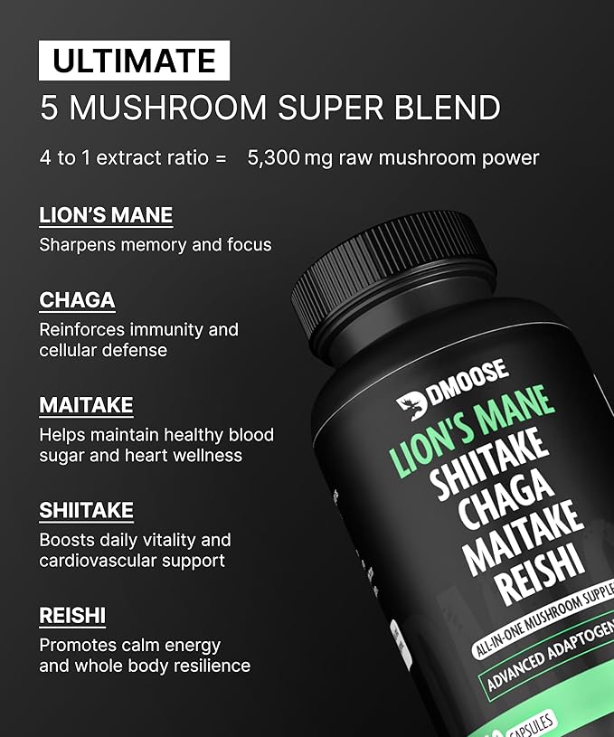 Lions Mane Mushroom Complex - 5300 mg Adaptogenic Blend for Memory, Focus and Immune Support - 5 in 1 Lionsmane, Chaga, Maitake, Shiitake and Reishi Extract - Nootropic Mushroom Supplement Capsules