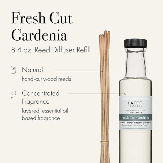 LAFCO New York Reed Diffuser Refill, Fresh Cut Gardenia - 8.4 oz - Up to 4-Month Fragrance Life - Includes Natural Wood Reeds - Free of Dyes & Propellants - Made in the USA