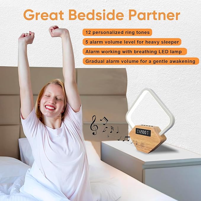 Wood Sunrise Alarm Clock with White Noise Machine 3 Color Night Light 15 Soothing Sounds Sleep Aid 30/60/90min Timer 10 Alarm Ringtones USB C PD Phone Charger Anniversary Birthday Gifts for Women Men