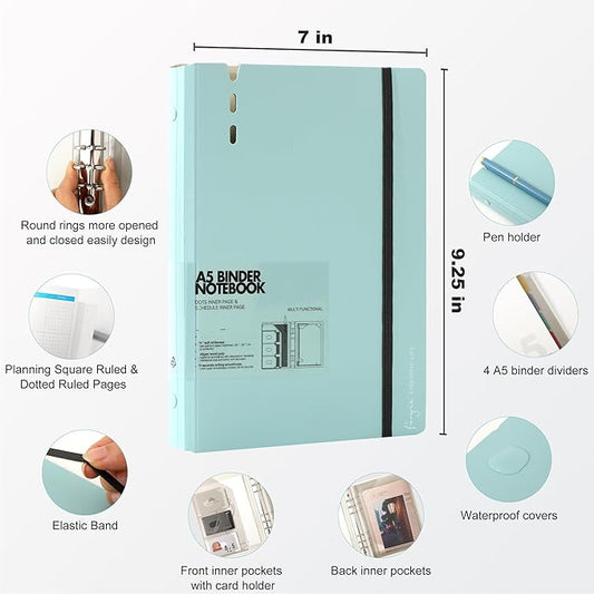 CAGIE A5 Binder 6 Ring Notebook with Dividers Refillable Planner Binder with Pockets, Refill Paper Include Planning Square Ruled and Dotted Pages, 6.89 x 9.25 In, (Blue, A5 Daily&Dot Page)