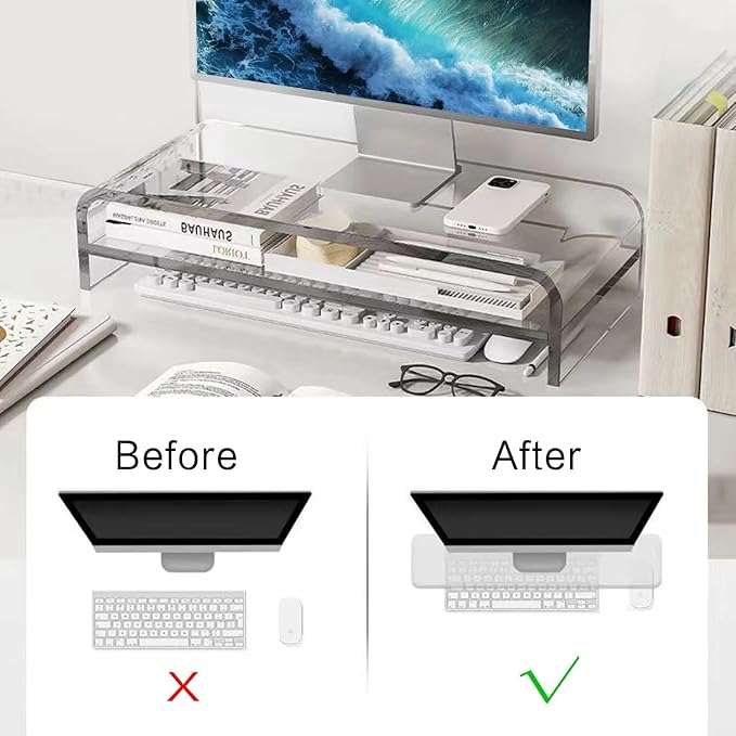 Acrylic Monitor Stand, 2 Tier Computer Monitor Stand Riser,16 inch Acrylic Computer Monitor Stand Riser for iMac, PC, Desktop, Laptop, TV Screen with Extra Storage Space Home Office