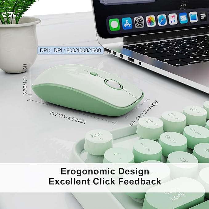 Wireless Keyboard Mouse Combo,104 Round Keys Cute Colorful Keyboard Retro Typewriter Style,Letton Full Size Keyboard with Number Pad&Mouse with 3 DPI for PC Mac Laptop Computer Windows-Green