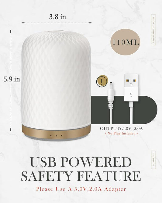 Essential Oil Diffuser,110ML Diffusers for Essential Oils Large Room, Ceramic Diffusers USB Powered Decorative Ultrasonic Defuzzer, Ideal for Aesthetic Home,Dorm Décor, Yoga,White