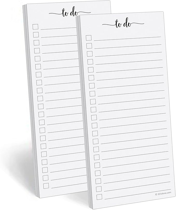 321Done To Do List Notepad 2-Pack, 3.7 x 8.5 (1/3 Sheet Slim Handheld Size) - Made in USA, Simple Stylish To-Dos Memo Pad for Planning, Tasks, Appointments, Reminders, Home, Office - Wide-Ruled