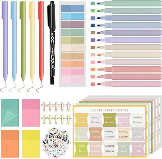 40 Pcs Bible Study Supplies, Journaling Kit for Women, Morandi Bible Study Kit with Pastel Highlighters and Tabs, Pens, Sticky Notes, Annotation Kit