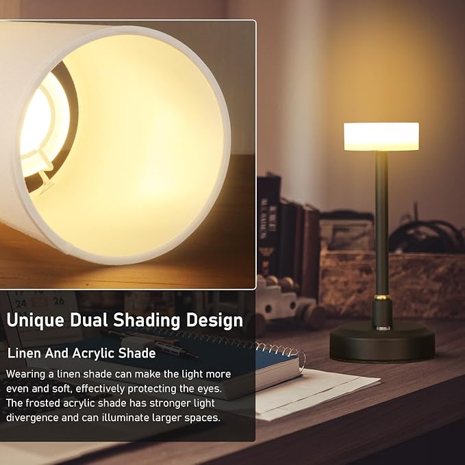 Set of 2 Small Touch Nightstand Lamp Rechargeable Battery Operated Cordless LED Table Lamp, Portable 3 Colors Stepless Dimmable Fabric Desk Light for Restaurant/Bedroom/Outdoor (White+Black)