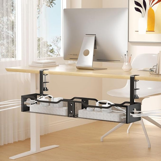 Under Desk Cable Management Tray 25.12", Extra Large Cable Management No Drill, Extended Cord Organizer with Adjustable Clamps, Black