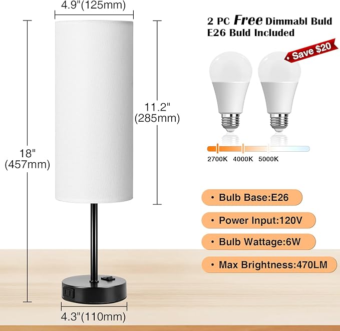 ZJOJO Table Lamp for Bedroom 2 Pack,18in Bedside Lamps with 3 Way Dimmable Rocker Switch & AC Outlet,Nightstand Desk Lamp with White Fabric Shade Black Basee for Living Room Home Decor Lights