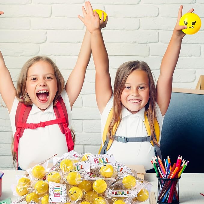 Meooeck 50 Pack Back to School Gifts for Students Smile Face Stress Balls Funny Stress Balls Foam Relief Toy with Bag and Greeting Card First Day of School Gift Classroom Prize Party Favor(Yellow)