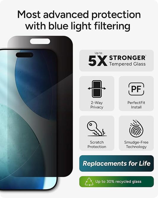 ZAGG Glass Elite Privacy Screen Protector for iPhone 17 - 5X Stronger Tempered Glass, ClearPrint Technology for Smudge Free Clarity, Smooth Feel, Full Coverage, InvisibleShield, Easy Two-Step Installation