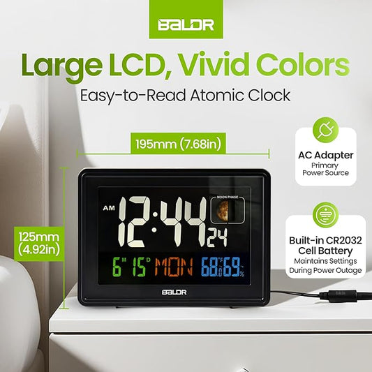 BALDR Atomic Clocks for Bedrooms Digital Large Display - Black - Desk Clock with Temperature Indoor and Humidity, Night Stand Clock, Moon Phase Clock, Alarm Clocks for Living Room, Digital Clock Wall