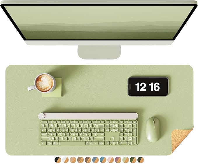 YSAGi Double-Sided Desk Pad, 23.6"x13.7" Leather Desk Mat, Eco Cork Desk Pad Protector, Large Mouse Pad for Desk, Waterproof Desk Blotter Pad, Desk Writing Pad for Office Work/Home(Matcha Green/Cork)