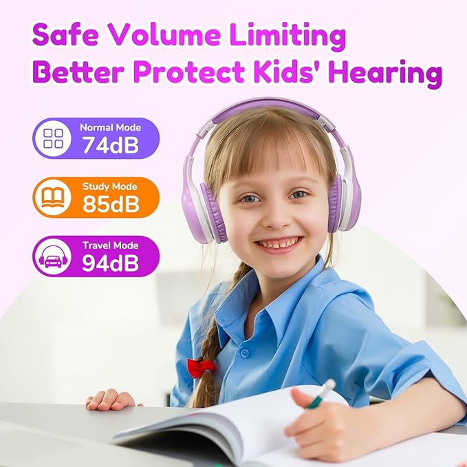 EarFun K2 Kids Bluetooth Headphones, Kids Headphones with Volume Limited, 40H Playtime, Built-in Mic, Stereo Sound, Foldable Over-Ear Headphone for School/Travel/iPad/Tablet, Violet