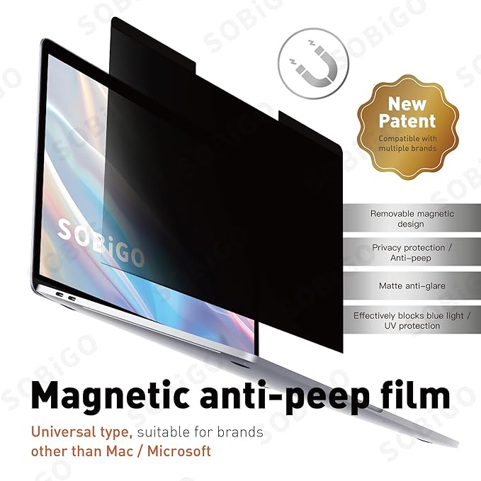 SOBiGO! Magnetic Anti-Blue Light Privacy Screen Protector for Laptop – Anti-Glare, Anti-Scratch, Privacy Filter – Nano Washable Adhesive Strip Design, Easy Installation for 14 Inch Laptop Privacy Screen-Filter for 16:9 Widescreen Display.