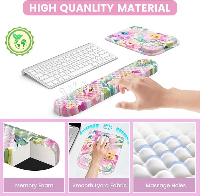 HAOCOO Mouse Pad with Wrist Rest, Large Desk Mat, Ergonomic Keyboard Wrist Support, 4pcs Computer Desk Pad Set with Coaster, Memory Foam Gaming Mousepad for Laptop Girls, Pink Floral