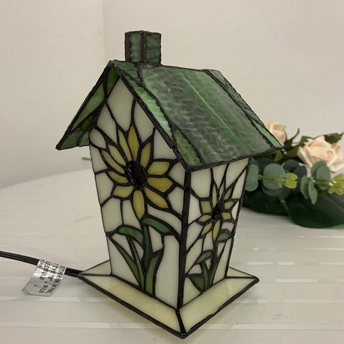 Bieye L10781 Tiffany Style Stained Glass Birdhouse Table Lamp for Home Decor (7-inch High, Sunflower)