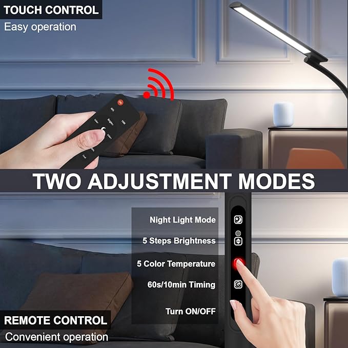 Light Therapy Lamp 10000 LUX UV-Free Happy Lamp,3 Heights Desk & Floor Sun Lamp, 5 Colors & 5 Brightness Levels with Timing Function (Black)