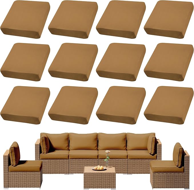 12Pcs Outdoor Cushions Covers Waterproof, Patio Cushion Covers, Stretch Cushion Covers Replacement,Cushion Slipcovers, Furniture Cushion Covers (Camel Color 1, 12PCS)