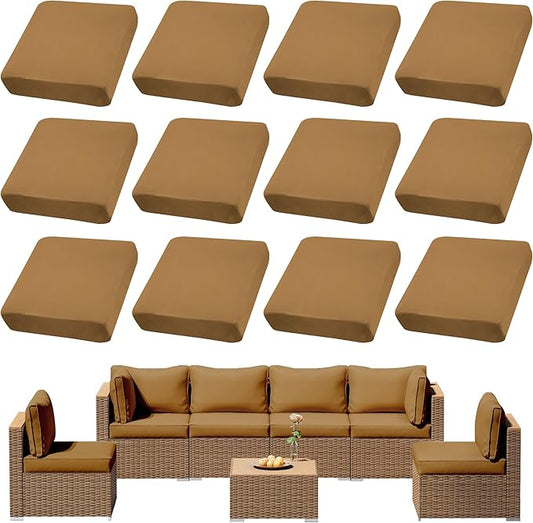 12Pcs Outdoor Cushions Covers Waterproof, Patio Cushion Covers, Stretch Cushion Covers Replacement,Cushion Slipcovers, Furniture Cushion Covers (Camel Color 1, 12PCS)