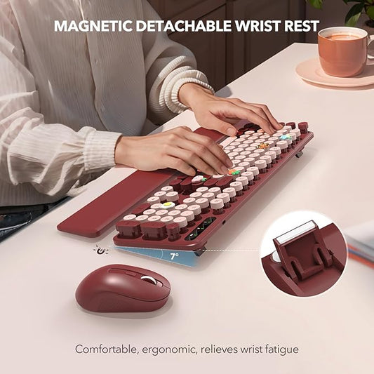 Wireless Keyboard and Mouse Combo - Retro Keyboard with Round Keycaps, Full-Size Typewriter Keyboard with Detachable Wrist Rest, 2.4GHz Connection for Mac/Windows/PC (Wine Red)