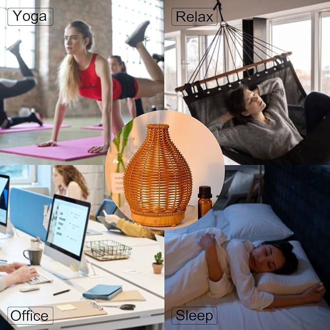 Rattan Woven Essential Oil Diffuser, Aroma Humidifier with Timer and Waterless Auto-Off, 80ML Ultrasonic Aromatherapy Diffuser with Warm Light for Office and Home