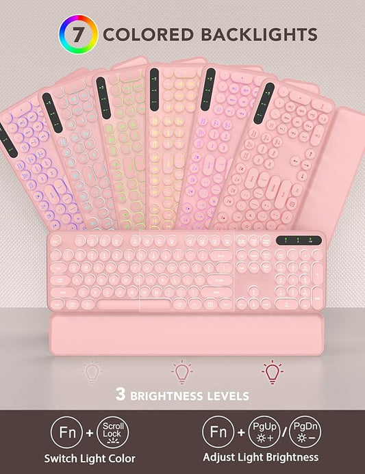 Wireless Keyboard and Mouse Backlit - Typewriter Keyboard with Retro Round Keycaps, Detachable Wrist Rest, Light Up Letters, 2.4G Rechargeable Combo for Mac, Windows, PC, Laptop, Trueque (Pink)