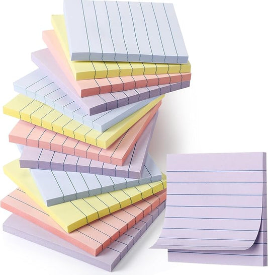 12 Pack Pastel Lined Sticky Notes 3x3 Inch Post Ruled Stickies Super Self Stick Power Memo Pads Multi Colors Notes Pads Vintage Aesthetic School Office Supplies Accessories