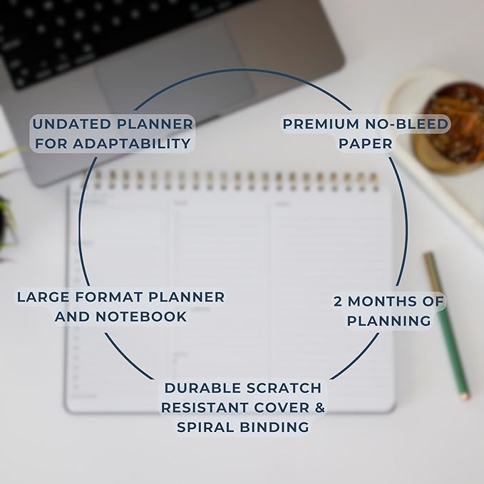 Undated Daily Planner | 8.25” x 11.75” Work To-Do Notebook | ADHD Academic Organizer | Multi-Layout | Men and Women Planner | College Supplies | Navy | Landscape Layout