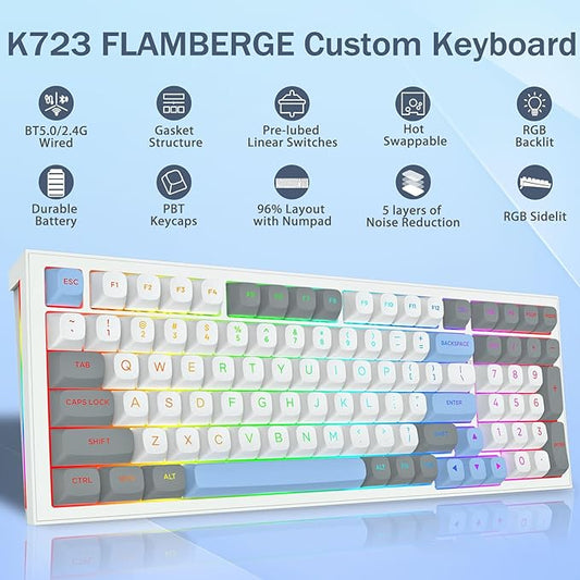 Redragon K723 Wireless Mechanical Gaming Keyboard, Hot Swappable Pre-lubed Linear Switches, Gasket Design, Bluetooth/2.4GHz/USB-C, Creamy Sound, RGB Backlit for PC/Mac/PS/Xbox, White Grey