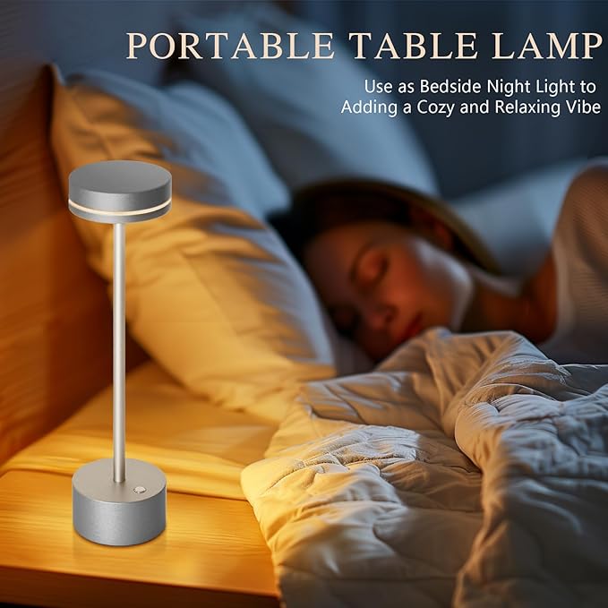 2 Pack Cordless Table Lamp,Bedside Table Lamp for Bedroom,5000mAh Battery Operated Portable LED Desk Lamp,3 Way Dimmable Touch Lamp USB C Charging Ports for Living Room, Desk,Dining Room(Silver)