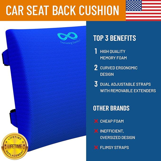 Everlasting Comfort Lumbar Support Cushion for Car Seat - Memory Foam Back Cover for Car - Lumbar Support Promotes Better Posture, Back Pain Relief - Ideal for Driving