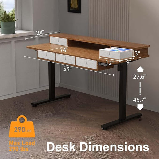 XINYAO Electric Standing Desk with 5 Drawers, 55x24 Inch Height Adjustable Sit Stand Up Desk with Storage Support 290lbs Ergonomic Rising Table with Wheels for Home Office