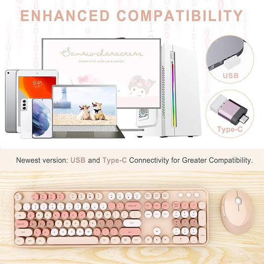 Wireless Keyboard and Mouse Combo, Ergonomic Full Size Typewriter Retro Round Keycaps Keyboard, Compatible with Windows, PC, Perfer for Home and Office Keyboards (Chocolate Color)