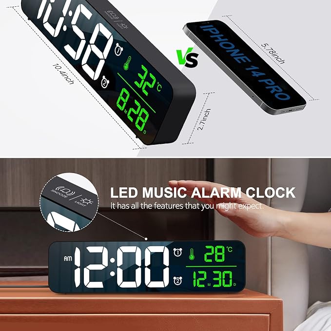 Digital Clock, Clock for Bedroom, Digital Wall Clock, Clocks for Living Room Decor, Desk Clock, Table Clock, Digital Clock Large Display, Smart Alarm Clock for Office Green (Wired Black+Green Digit)