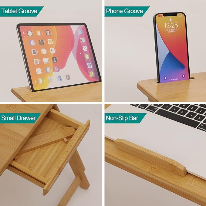 Laptop Desk for Bed, COIWAI Laptop Bed Tray, Bamboo Lap Desk with Tablet Slot, Adjustable Height Angle, Foldable Tray for Sofa Couch Floor, with Storage Drawer - Large