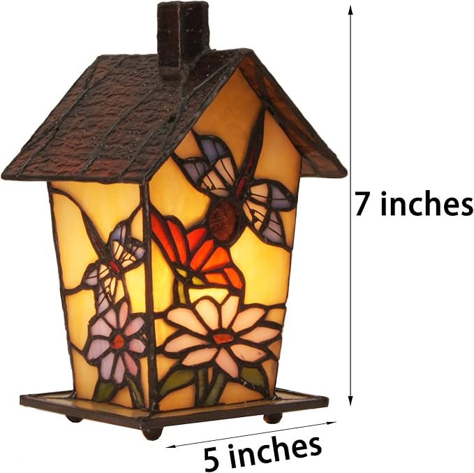 Bieye L10782 Tiffany Style Stained Glass Birdhouse Table Lamp for Home Decor (7-inch High, Dragonfly)