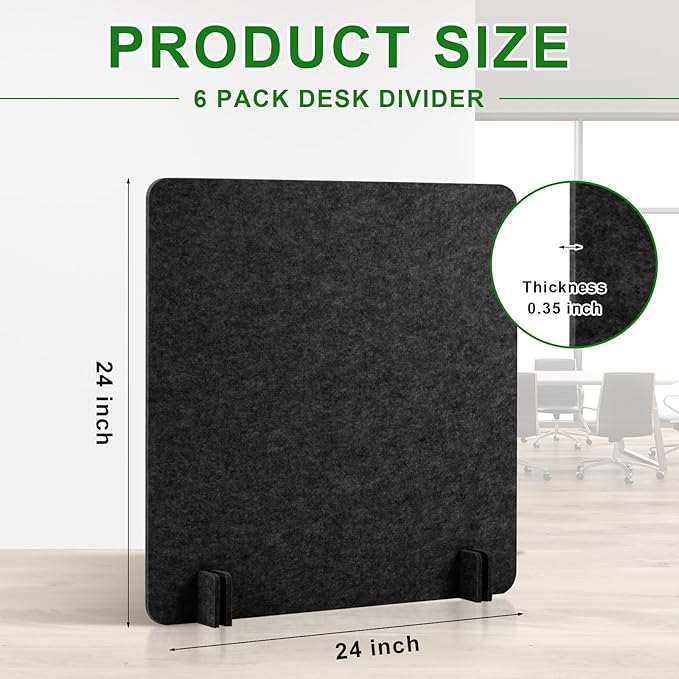 Kisston 6 Pack Acoustic Desk Divider Desk Partition 24 x 24" Stand Up Freestanding Desk Privacy Panel Noise and Visual Distractions Reducing Table Divider for Student Reception Area Office(Dark Gray)