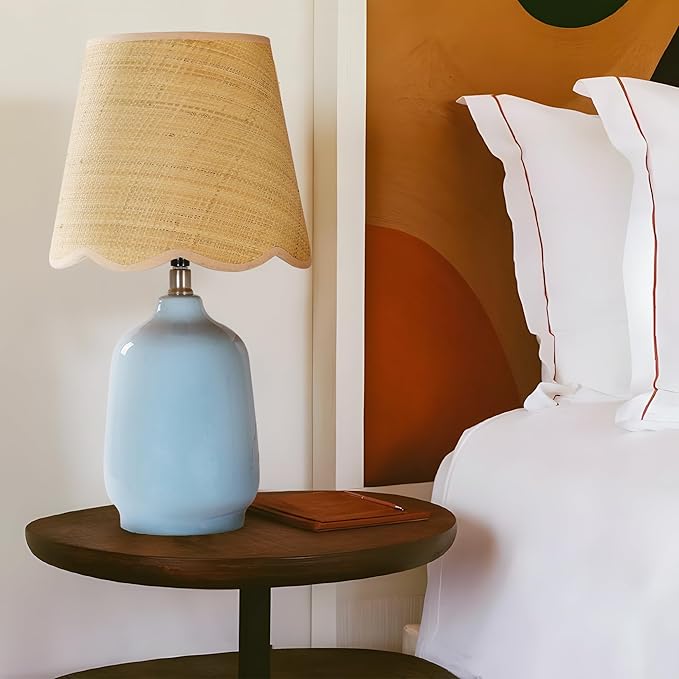 Pia Ricco 19" Modern Ceramic Table Lamp for Living Room Light Bule Base Desk Lamps for Bedroom Farmhouse Bedside Nightstand Lamp End Table Lamps,Bule,Rattan Shade