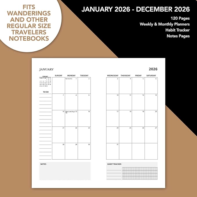 Wanderings Regular Size Traveler's Notebook Calendar Refill Inserts - 8.25 x 4.25" (21cm x 11cm) - January - December 2026 - Calendar Planner Refills For Leather Travel Journals Diaries and Planners