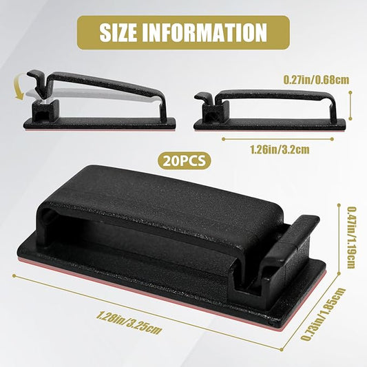 Self Adhesive Cable Management Clips, Line Clips, Cable Organizers, TV PC Line Clips, Ethernet Cable Clips Under Desks - Durable PA66 Material, Easy to Install (Black 20Pcs)
