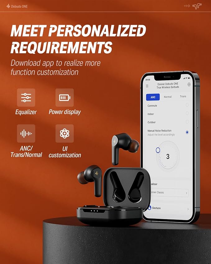 Donner Noise Cancelling Wireless Earbuds, Bluetooth 5.2 Earphones with 4 Mic Clear Calls, 12mm Drivers, App for Custom EQ, 32H Playtime, Fast Charging, Transparency - Dobuds ONE,Black
