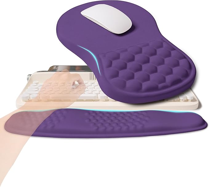 2-in-1 Ergonomic Set, Wave Rise Keyboard Wrist Rest and Massage Bulge Slope Mouse Pad Wrist Support, Cushion Memory Foam Integrated to Relieve Wrist Pain, Dark Purple
