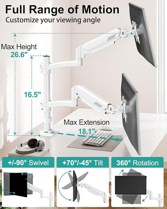 Dual Monitor Stand for Desk, Taller Monitor Arms for 2 Screens up to 32 inch, Ergonomic Adjustable Gas Spring Double Computer Monitor Mount, Holds 4.4-22lbs, VESA 75/100mm, White, Freelift